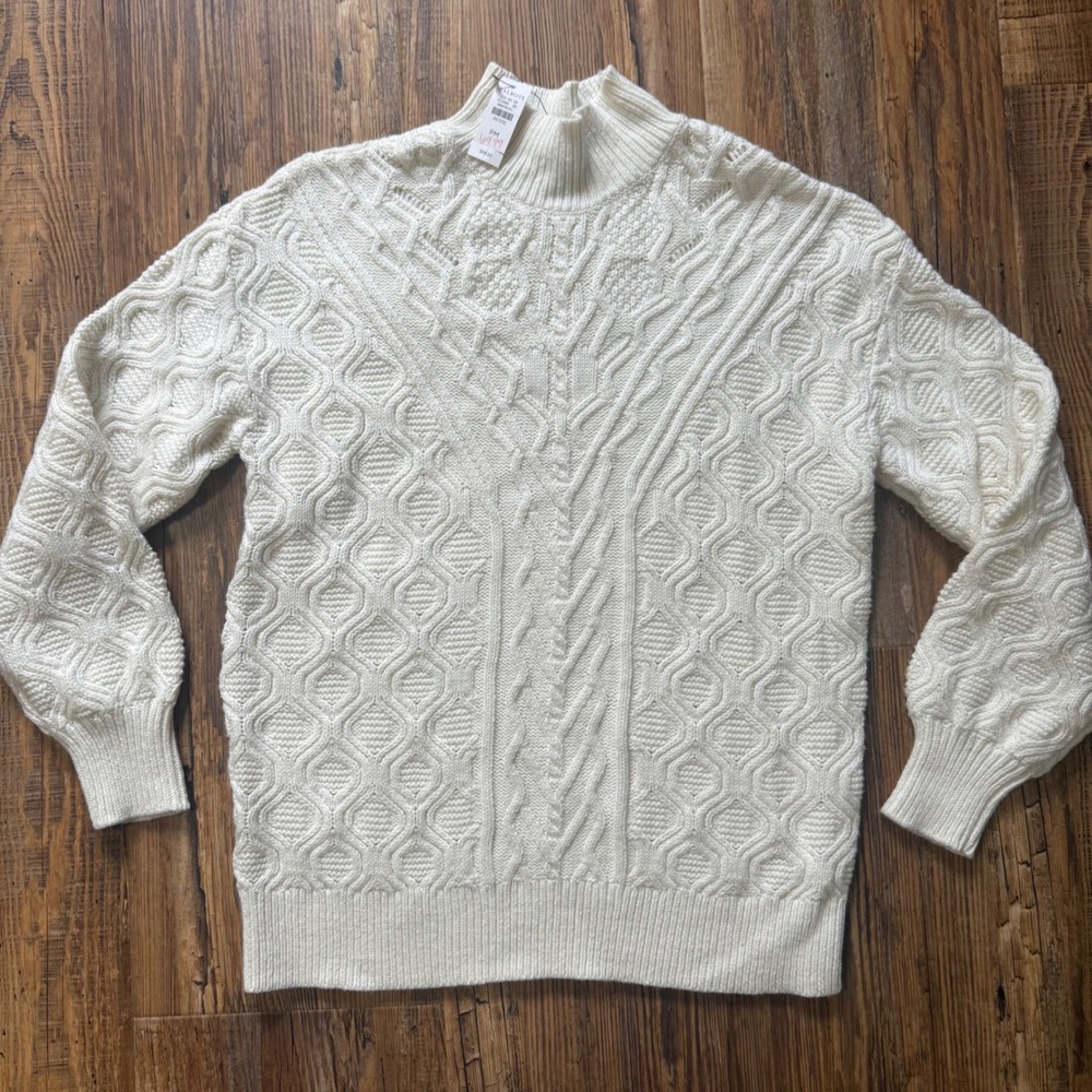 NWT Talbots Cable Knit Sweater Women PM Ivory Mock Neck Fisherman Cotton Luxe